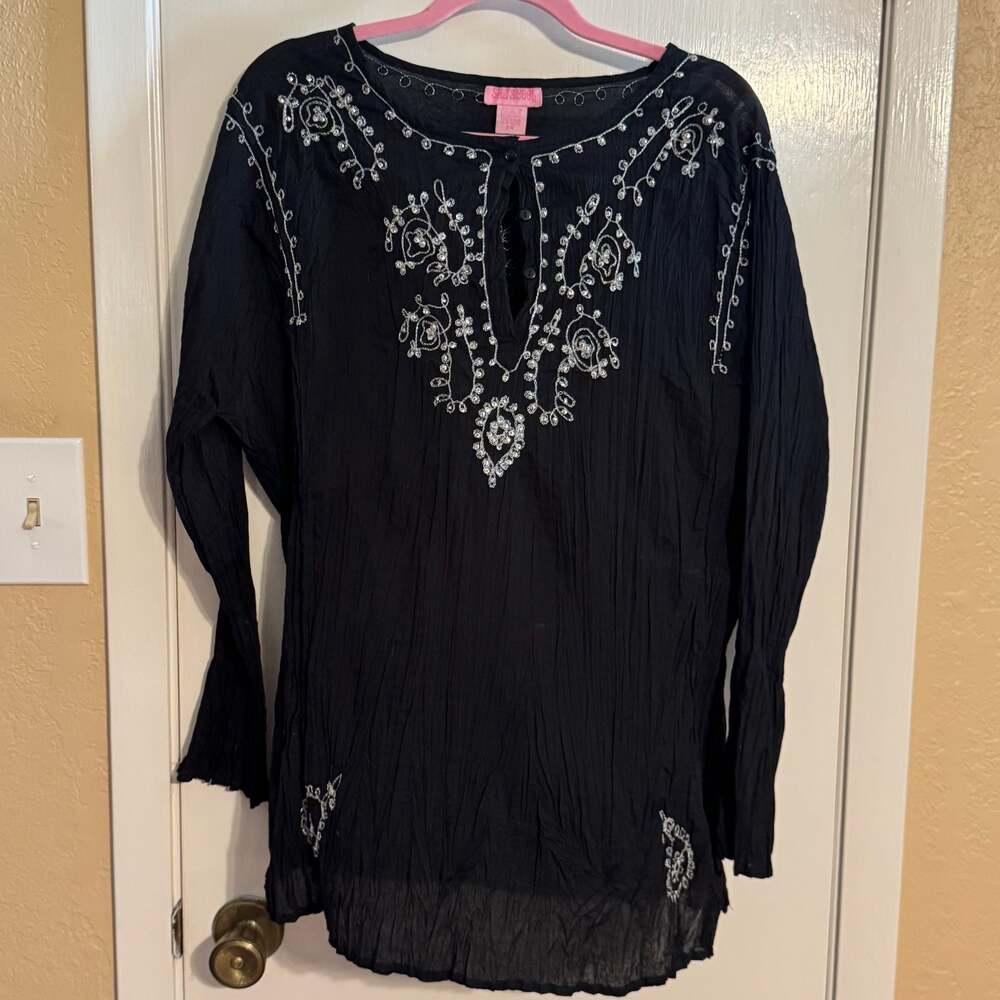 SHE’S COOL Women’s 2X Black Embroidered Sequin Tunic Blouse Boho Long Sleeve